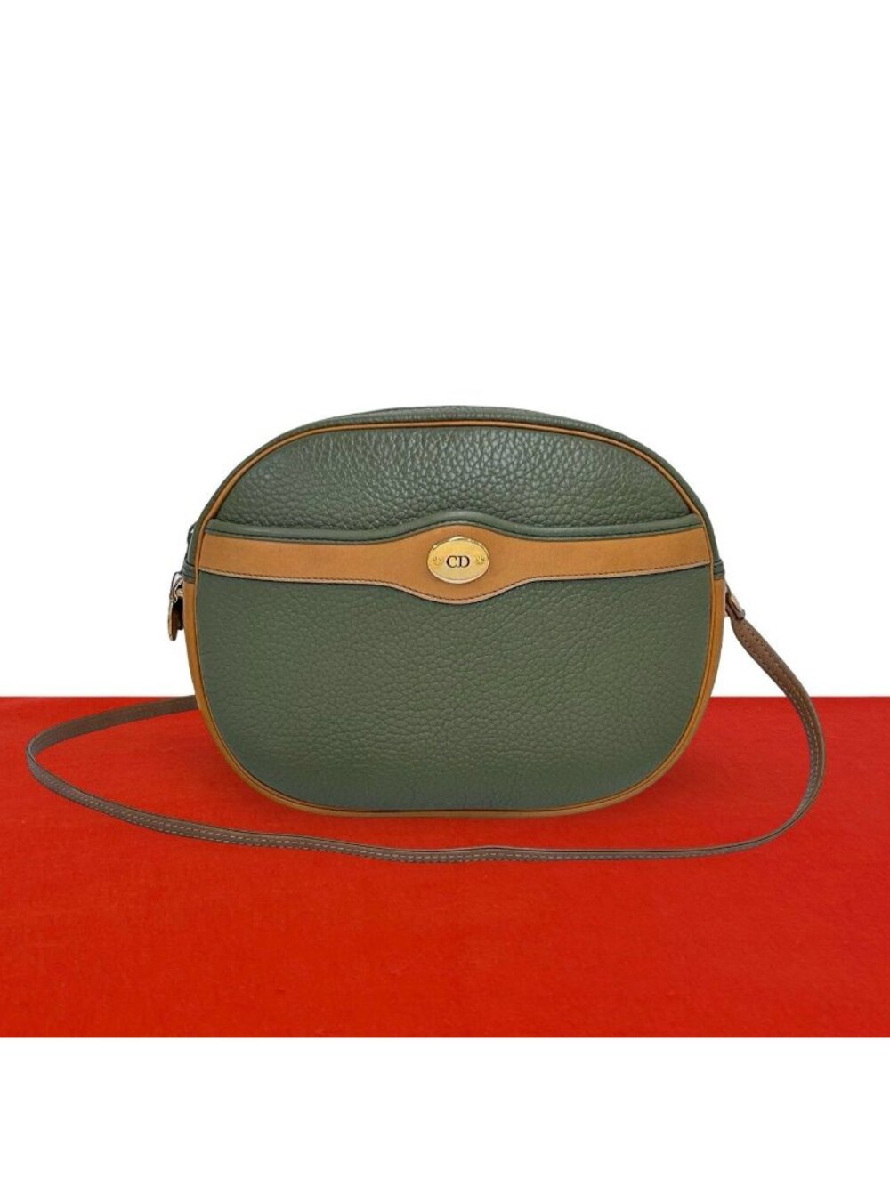 Dior Vintage CD Logo Leather Mini Shoulder Bag Pochette Khaki Camel